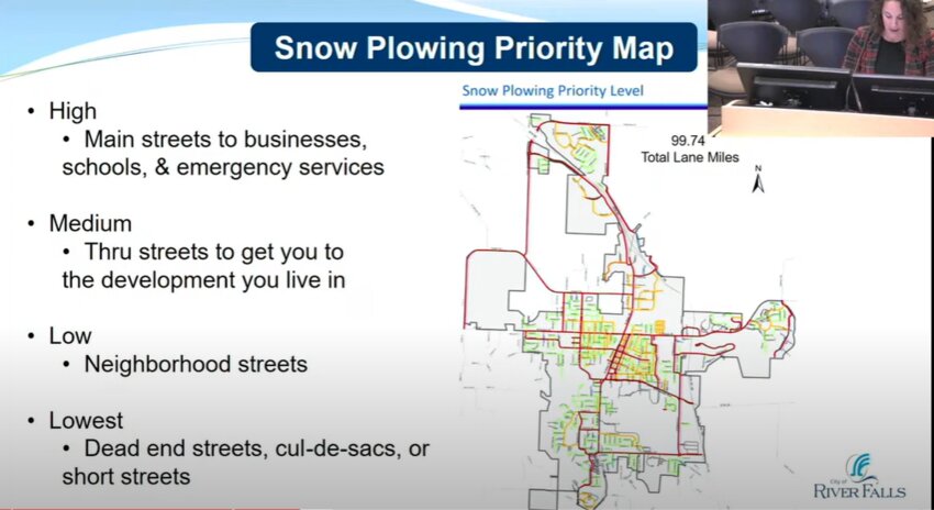 City of River Falls Public Works Manager Erica Ellefson outlined the snow plowing priority map for River Falls City Council members at the Nov. 14 meeting.