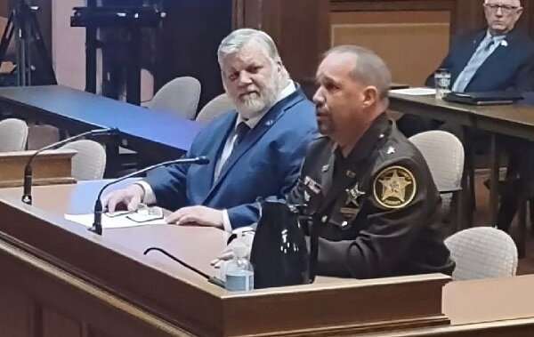 Sen. Rob Stafsholt (left) and St. Croix County Sheriff Scott Knudson testify on legislation that would name part of Highway 128 in honor of fallen Deputy Kaitie Leising.