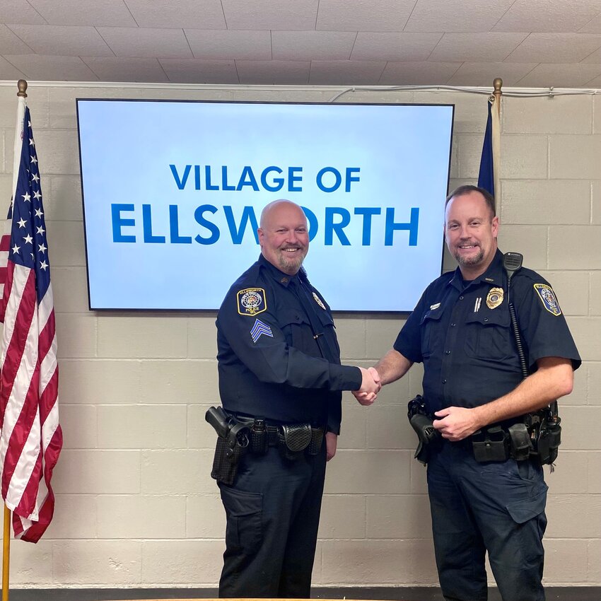 Sgt. Eric Van Nocker of the Ellsworth Police Department was sworn in Nov. 13, 2023. He is pictured with Chief Eric Ladwig.