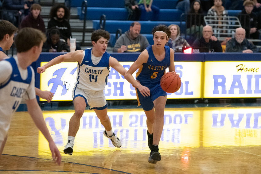 Junior guard Weston Schult has 83 assists so far this season, an average of 7.5 per game. He worked the ball Friday night against St. Thomas Academy.