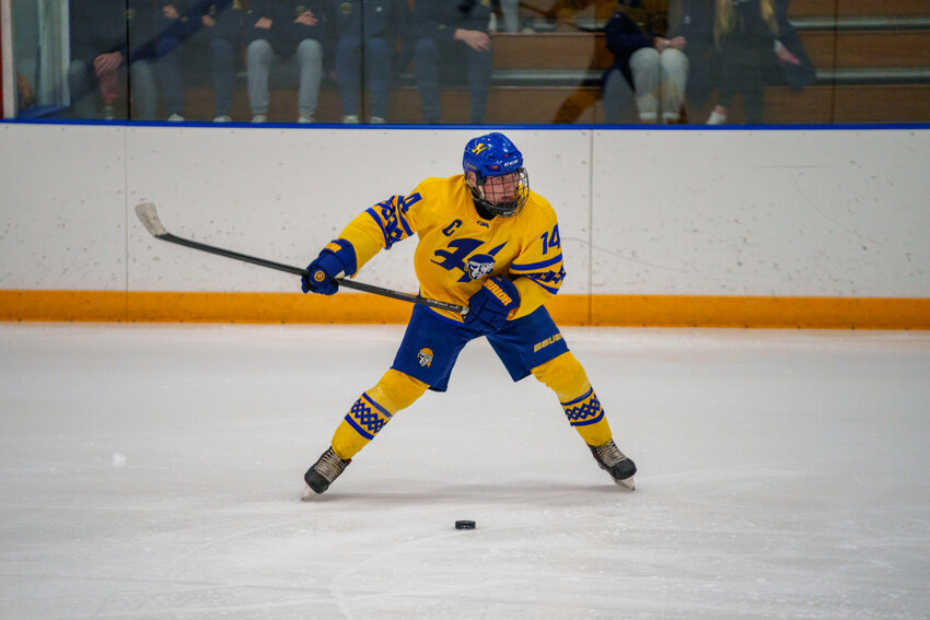 Blake Vandehoef leads the Raiders in points (31) and goals (16) this season after adding a goal to his total against Mahtomedi in the loss on Saturday.