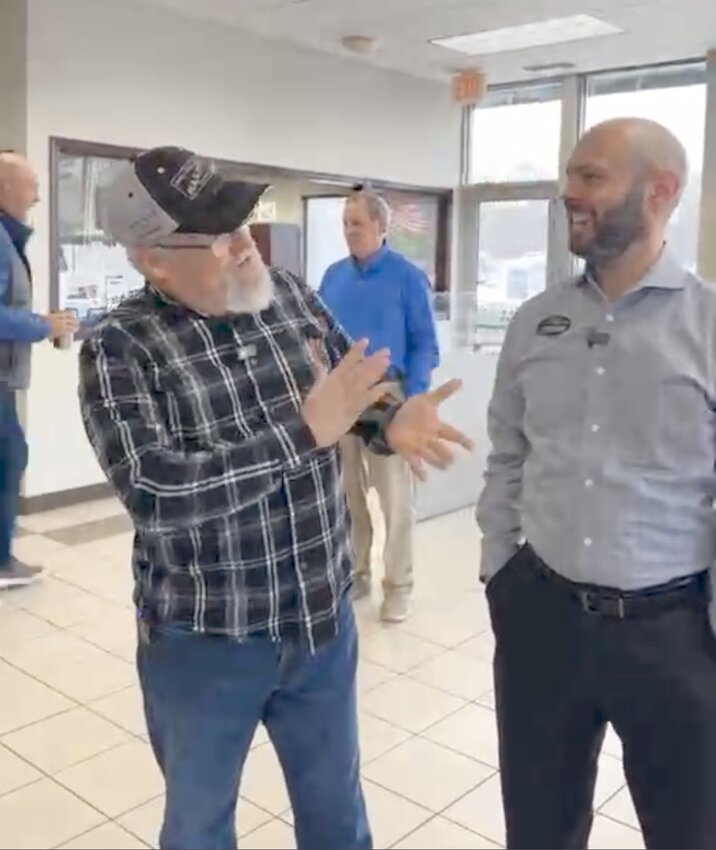 Hastings Rotarians Brian Schommer (left) and Steve Pedro of Hastings Chrysler at the Rivertown Live 2024 band reveal at Hastings Chrysler Friday morning. The event was held live on social media, with Schommer emceeing. The Rotary signed some big talent for the Saturday, Sept. 14 concert in Levee Park. Headliner is Diamond Rio, with Little Texas playing before them that evening on the main stage. On the Pavilion Stage will be Slamabama.