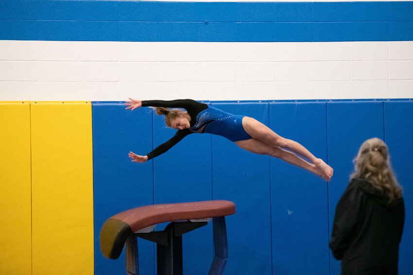 Ninth grader Elsie Bauer vaulted for the Raiders at a recent home meet. She has been the team&rsquo;s top performer this year.