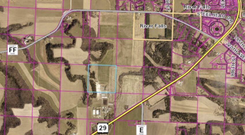 This map shows the location of a proposed anaerobic digester on the Peterson property at W10322 Highway 29 in the town of River Falls. The property is located in the River Falls Extraterritorial Zoning District.
