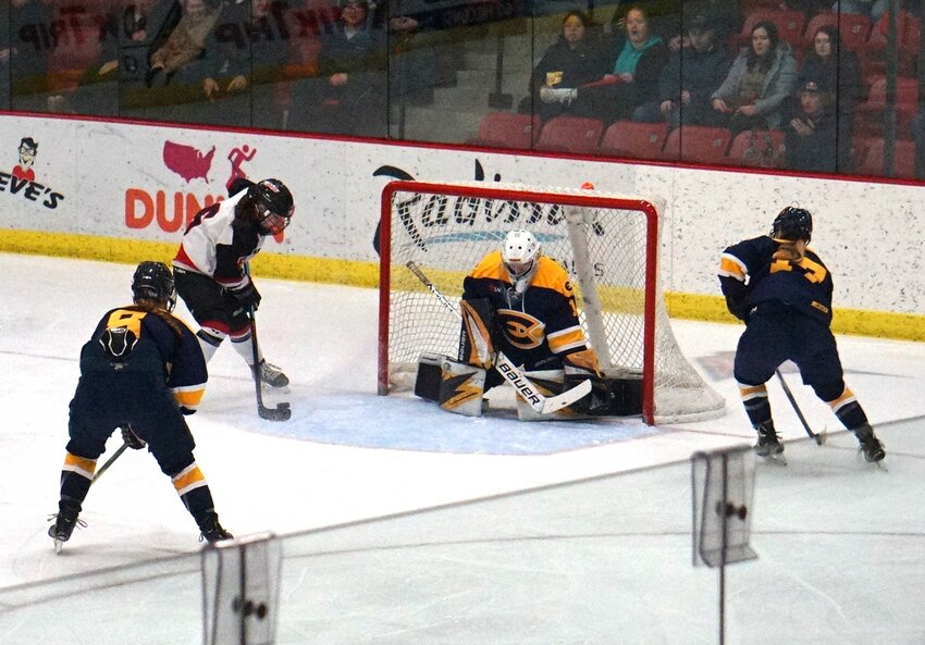Aubrey Nelvin looking for another goal in the Falcons&rsquo; win over conference rival UW-Eau Claire last Wednesday.