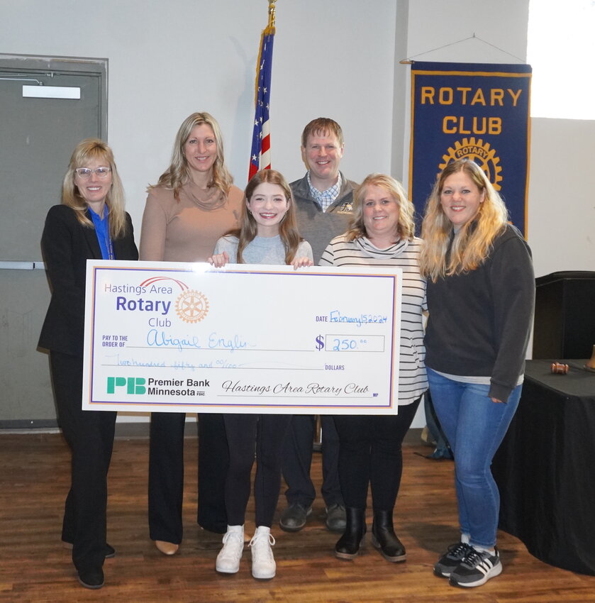 Abigail Englin was honored as the Hastings Rotary Club Student of the Month for January, being nominated by math teacher Paul Olson and National Honor Society advisor Jacquelyn Morrison. Pictured attending the presentation at the Hastings Rotary Club meeting on Thursday, Feb. 15 were Superintendent Dr. Tamara Champa, Hastings School Board Director Jenny Wiederholt Pine, Englin and her mother, Vicki, Olson and Morrison.