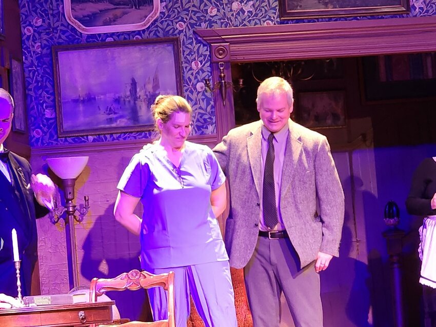 Detective Mike Davis, played by Luke Hayes, arrests murderer Nurse Withers, played by Paula Knutson, in the Stagehands&rsquo; production of &ldquo;Murder&rsquo;s in the Heir&rdquo; Saturday, March 2.