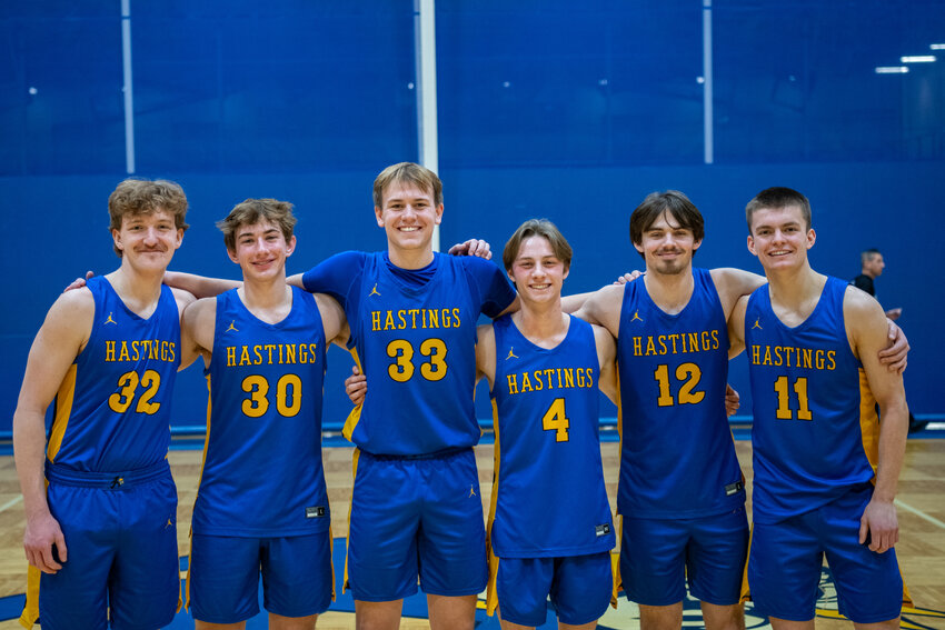 The Hastings boys basketball seniors: (from left) Jackson Dimmick, Alex Siebenaler, Kellen Nuytten, Parker McGinnis, Payton Dean and Owen Bernatz.