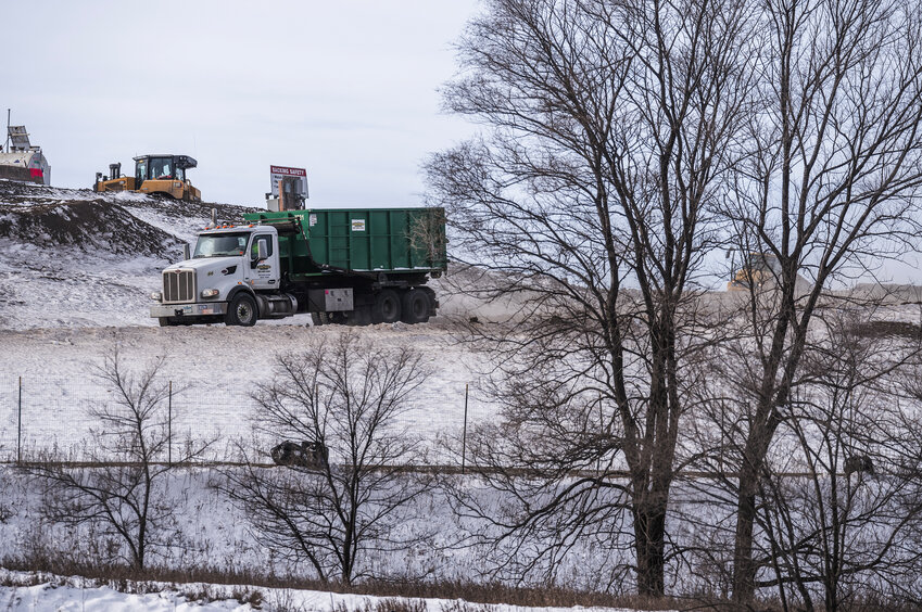 A Dump truck disposes of industrial waste at SKB Environment  in Rosemount, Minn., on Monday, Feb. 19, 2024. SKB Environmental is testing technologies at their landfill in Rosemount -- ractionation system (this filters PFAS out of leachate by foaming it up) and a more experimental technology that could chemically bond/lock up the PFAS into material that wouldn't allow it to keep floating through the environment.] RICHARD TSONG-TAATARII &bull; richard.tsong-taatarii @startribune.com