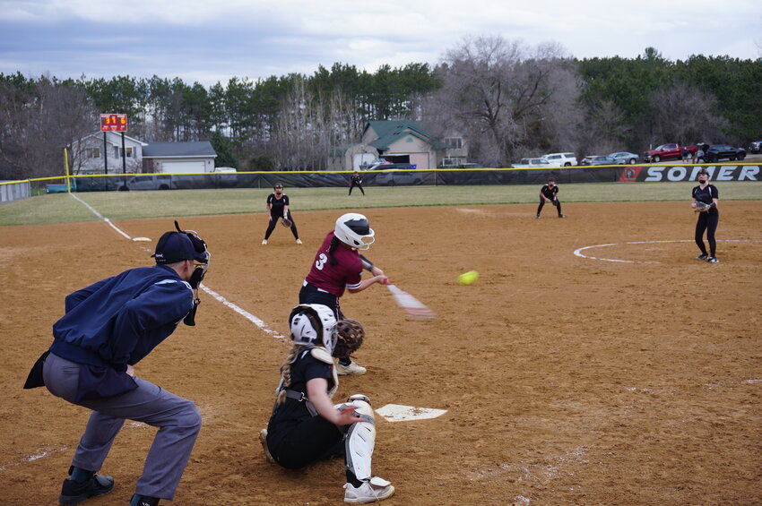 Maria Mercord puts a good swing on the ball in the Cardinals&rsquo; 6-3 loss against Somerset on Thursday.