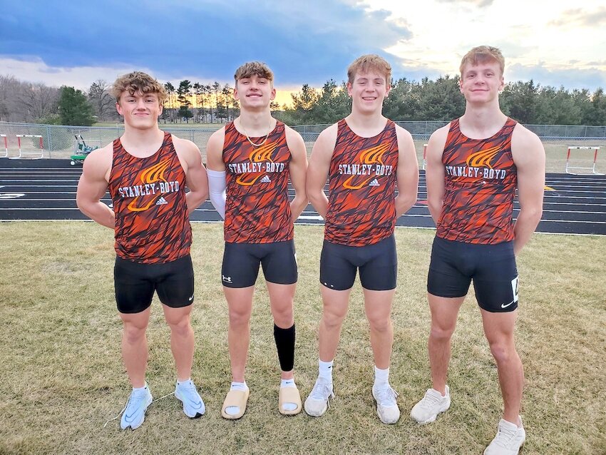 The boys relay team consisting of (from left) Carson Hodowanic, Cole Brenner, Jake LaGrander and Madden Mahr set two new relay records one at Eleva in the 4 x 100 (43.9) and the other at Gilman in the 4 x 200 (1:32.36). Photo