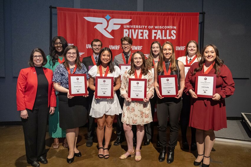 Ten UW-River Falls students were awarded the Chancellor’s Award for Students during a banquet and ceremony on campus Wednesday, April 27. (Front, from left): Chancellor Maria Gallo, Kendra Jentz, SirrNay Ku, Veronica Klenke, Lauren Schmelzer, and Kalli Kubly. Back row: Mayala Keita, Mark Buchmann, Sam Peters, Chloe Heifner, and Lexi Janzer.