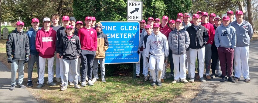 Members of the Prescott Cardinals baseball team worked to spruce up Pine Glen Cemetery as a community service initiative on Saturday, April 20 after their game against Mondovi. The volunteers picked up downed branches, sticks and garbage. Next weekend the team will host a free youth clinic and plans to do more community service later this month, including hosting a baseball clinic for youth.