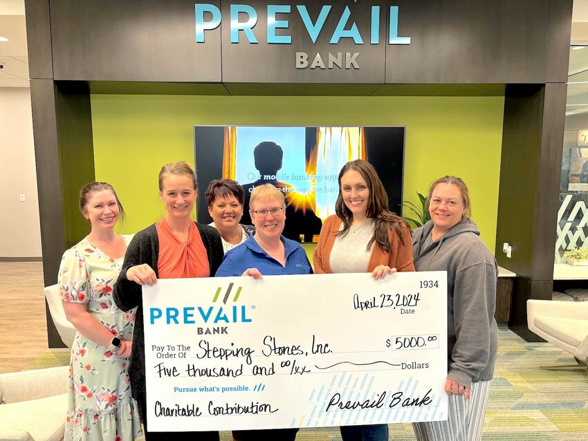 Stepping Stones’ Co-Directors, Courtney Scholl and Shanna Kestler (pictured on far right) accepted the check. Prevail Bank professionals who presented the monetary gift were:  Sarah Gasser, Universal Banker; Stacy Tlusty, Teller; Kori Miller, Branch Manager; and Tina Dassow, AVP; Mortgage Loan Originator.