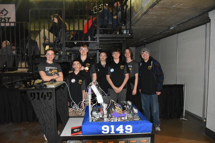 The River Falls High School FIRST robotics team at the April competition in La Crosse. The team placed 41st out of 54 teams in its second year competing.