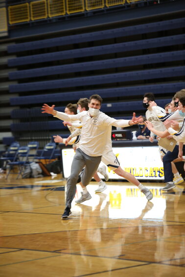 Coach Zac Campbell exalts after the River Falls boys basketball team won its sectional against DePere back in 2021. Campbell is retiring from the head coaching position for the boys&rsquo; basketball program at River Falls.