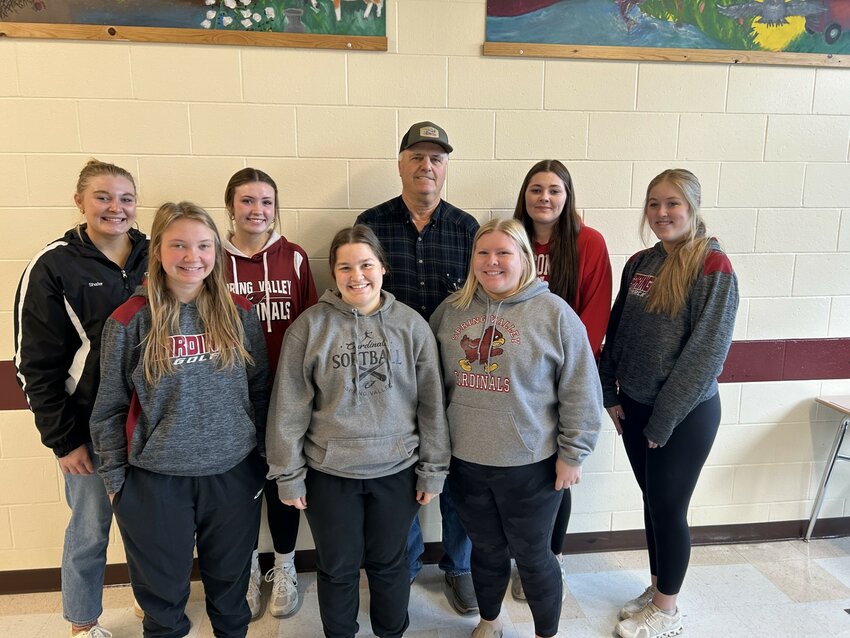 Pictured are the Spring Valley FFA officer team with Tony Shafer. (Back row, from left): Maddie Shafer, Addison Neidermyer, Tony Shafer, Kianna Nelson, and Jordan Lamb; (front row) Abby Thompson, Jaci Mader, and Megan Wentlandt.