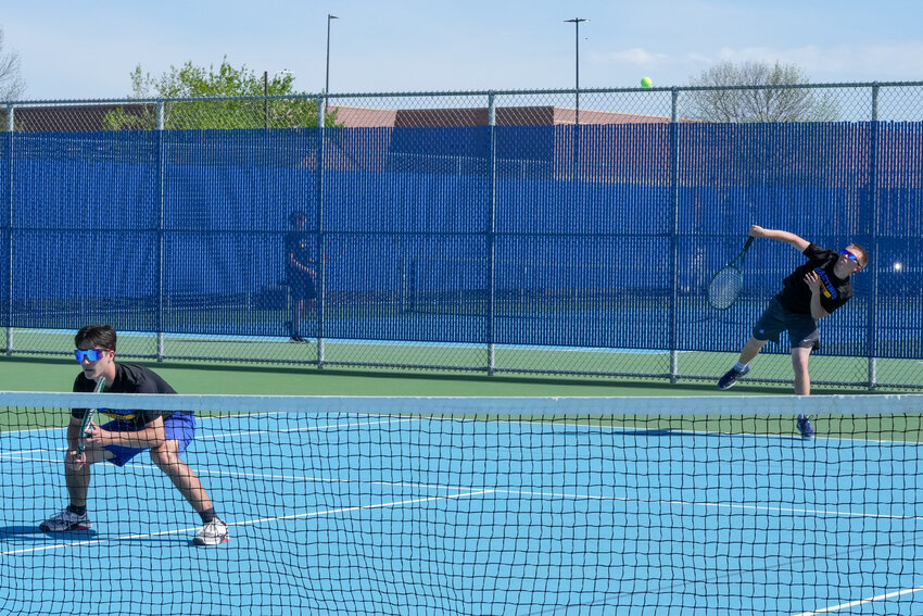 The Raiders number one doubles team of Quinton Heiman (L) and Tanner Mattila played hard but ultimately lost to Lakeville North&rsquo;s number one doubles team 6-1, 6-0. Photo