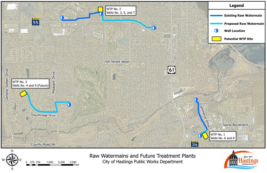 The map shows the proposed location of water treatment plants that would remove PFAS contamination from the city drinking water supply.
