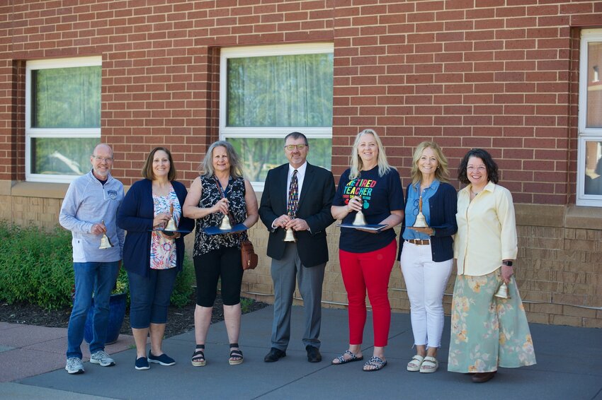 Retiring River Falls Superintendent Jamie Benson is pictured with other district retirees, including (from left): John Witt, Lisa Lockie, Pam Friede, Jamie Benson, Christine Engel, Rita Sommerfeldt, and Carrie Loney.