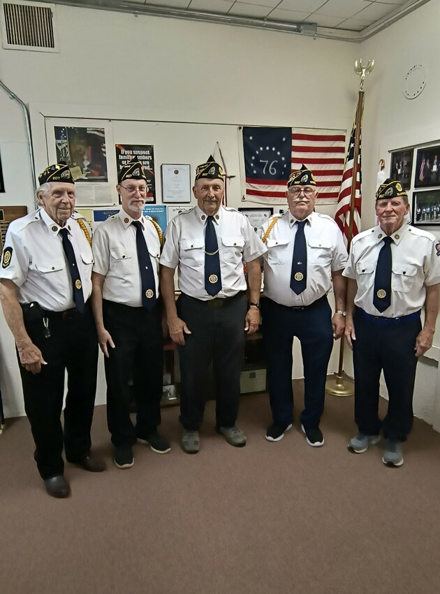 At their July 10 monthly meeting the Crain-Ottman American Legion Post 207 and Auxiliary Unit 207 installed their new Officers for Fiscal Year 2025. Legion Officers (from left): David Hauschildt, Chaplain; Dean Marsh, Adjutant; Jerry Thompson, Commander/Finance Officer; Pat Hines, Vice-Commander; Jim Baier, Sgt-at-Arms; not pictured Marilyn Galoff, Historian.      (Photo on right) Auxiliary Officers (from left): Colleen Flanscha, Secretary; Donette Stewart, Vice-President, Brenda Bechel, President/Treasurer/Sgt-at-Arms; not pictured Marilyn Galoff, Chaplain.