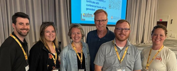 Prescott School District staff at the second annual Building Thinking Classrooms conference. Pictured (from left): Nathan McPheters, eighth grade math; Kayla Kinneman, PHS math; Alexis Magnino, PIS grade 4; BTC author Peter Liljedahl, Principal Michael Kosmalski and Jen Langer, MES grade 1.