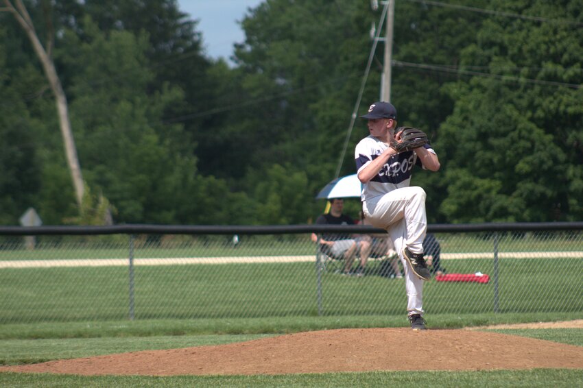 Eli Ponath deals a pitch in Elmwood&rsquo;s win over the Bay City Bombers on July 14.