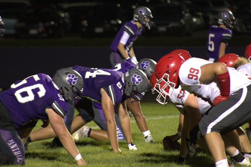 Ellsworth&rsquo;s defensive line face-to-face with the offensive line of La Crosse Logan during the team&rsquo;s season opener Aug. 22.