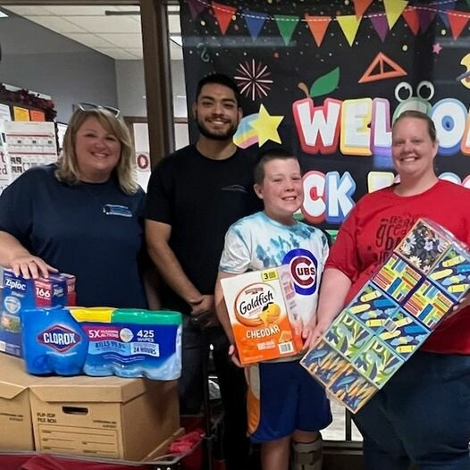 The Owen-Withee School District is grateful for an abundance of school supplies donated by Wakefield, Withee. Wakefield employees Natasha Zarins and Giovanni Mendez, delivered the supplies and pose with 5th grader Gavin Westaby and Principal Julie Van Ark.