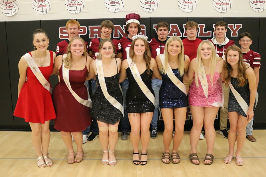 Spring Valley High School’s 2024 Homecoming court included (front, from left): seniors Lauren Bigaouette, Lyndsey Stark, Zoe Larson and Queen Raeann Traynor, junior Ella Stangl, sophomore, Madi Zimmerman, freshman Maddie Connors: (back, from left): sophomore Issac Koenning, junior Collin Brunner, seniors King Caleb Bartko, Cade Stasiek, Tanner Dicus, Elijah Haug and freshman Easton Hoon.