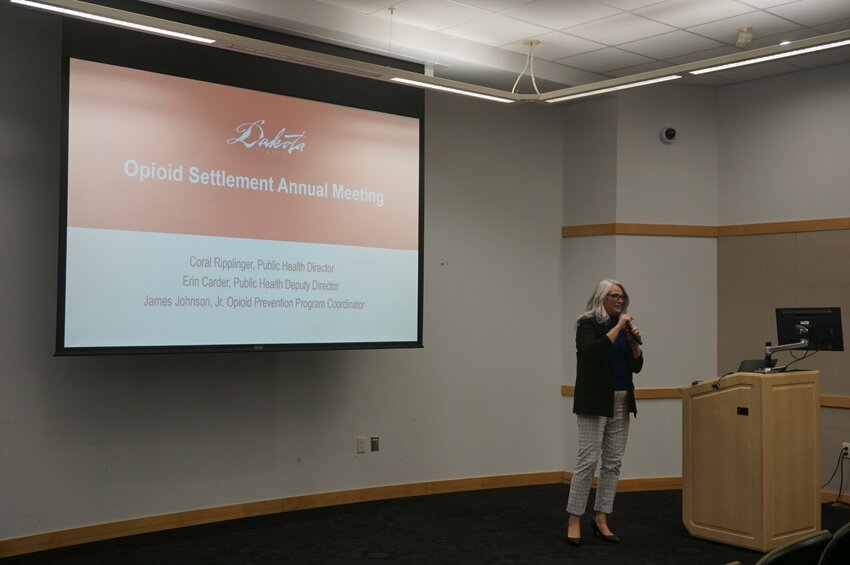 District 3 Commissioner Laurie Halverson speaking at the 2024 Opioid Settlement annua meeting Nov. 7 at Robert Trail Library in Rosemount.