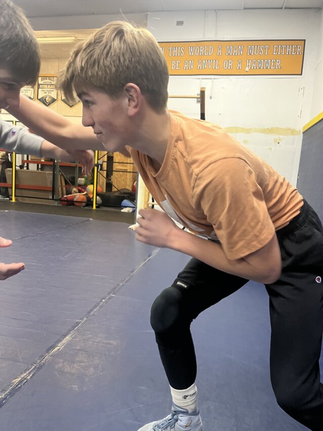 River Falls&rsquo; senior wrestler Jonas Longsdorf practices against Oliver Larson preparing for the Northern Badger Classic this Friday at River Falls High School. Longsdorf is approaching his 100th career win.