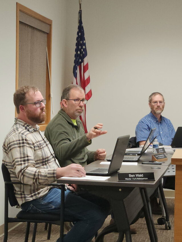 Alderperson Mark Fitzsimmons (center) motioned to approve the purchase of an inline phosphorus analyzer for the Wastewater Department.