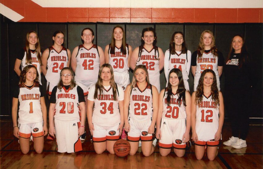 Shown above for eighth grade basketball are (back row, from left) are Olivia Overgard, Amanda Lew, Abby Weltzin, Alaina Nitz, Samantha Gully, Annelysse Kramschuster, Rainey Wellner and Coach Karyn Nitz (front row) Vaida Chwala, Caitlin Collins, Gracelyn Goettl, Ellie Steivang, Daisy Rygiel and Adasyn Charles.