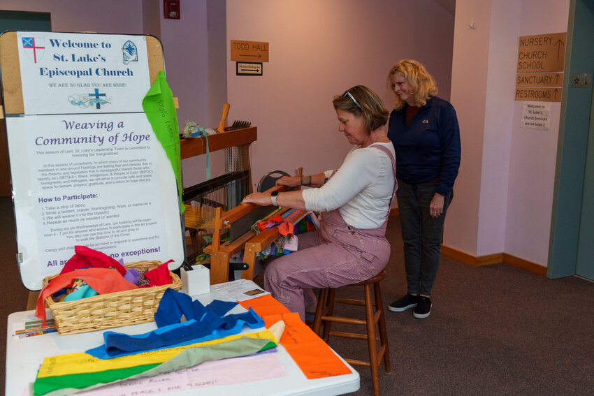 This loom is currently being used at St. Luke’s Episcopal Church for a special purpose, ‘Weaving a Community of Hope’. As the owner of the loom, Bronwyn Skov leads the assembly process, teaching would be weavers how the loom operates. It is much easier than it looks, which is great when a prayer requestor wishes to weave their own prayer into the project.