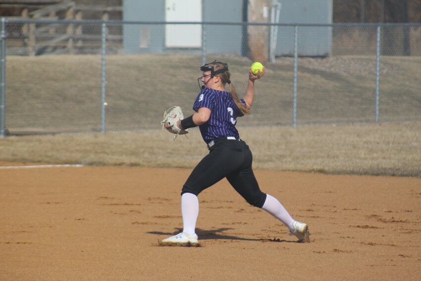 Shortstop Brinklee Graetz guns a throw in a 19-3 season opening win over Eleva-Strum on March 27.