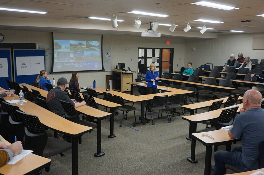 Superintendent Dr. Tammy Champa addresses the April 8 Community Collaboration Committee meeting in order to discuss changes to the district&rsquo;s draft of the strategic plan.