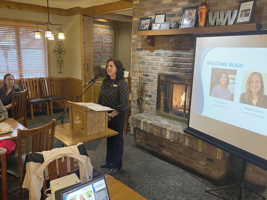 New River Falls Area Chamber of Commerce &amp; Tourism Bureau CEO Rosa Magnus introduced herself, thanking the gathering at the State of the Chamber breakfast, sponsored by the River Falls Area Chamber of Commerce, on Thursday, April 10 at Westwind Supper Club.