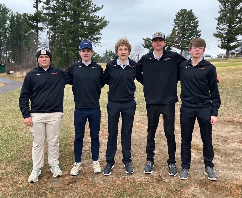 Playing golf at Bloomer last week for the Orioles were (from left) Derrick Lato, Carsen Woodcock, Brenner Myers, Carter Ketterhagen, and Ryan Stark.