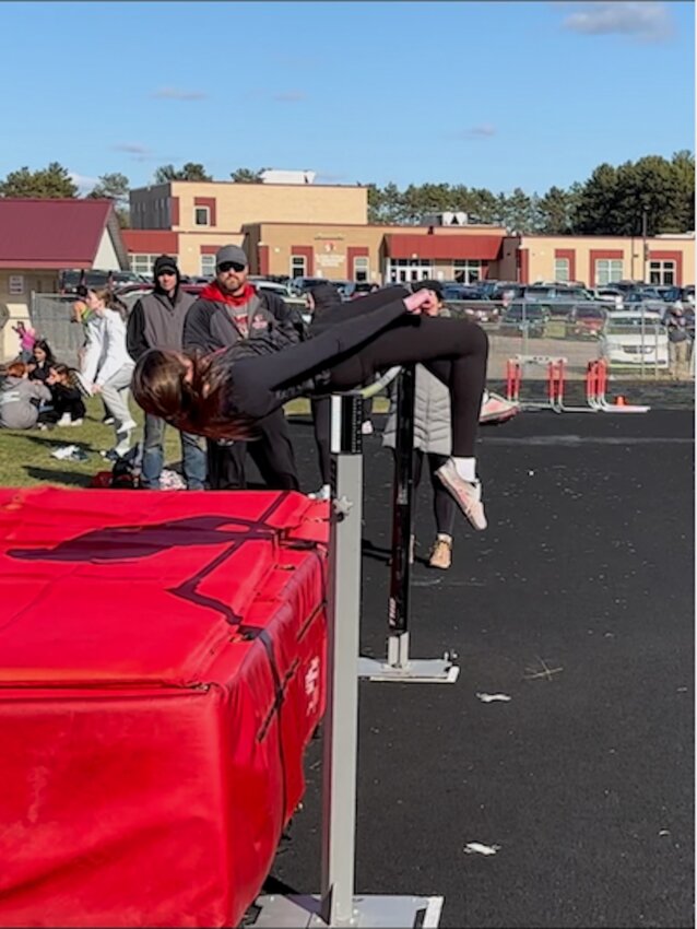 Grace Schmidt in the high jump at Eleva-Strum. Schmidt placed third with a high jump mark of 4-6.