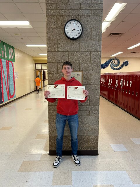 Elijah Haug came home with a share of the Valedictorian award as well as the Academic Excellence Scholarship at the Spring Valley Senior Awards presentation at the April 30 school board meeting.