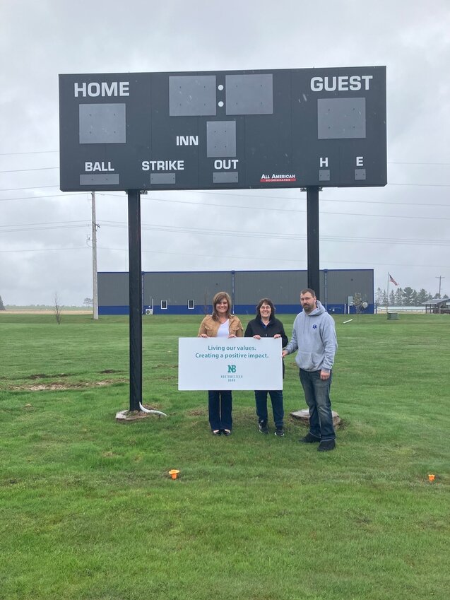 Northwestern Bank contributed $5,000 towards a new scoreboard at Lotz Park, the remainder contributed by the Boyd Little League. Shown above from left to right are Northwestern Market President Tracey Smiskey, Northwestern Boyd representatives Cindy Spaeth, and Boyd Trustee Josh Walters.