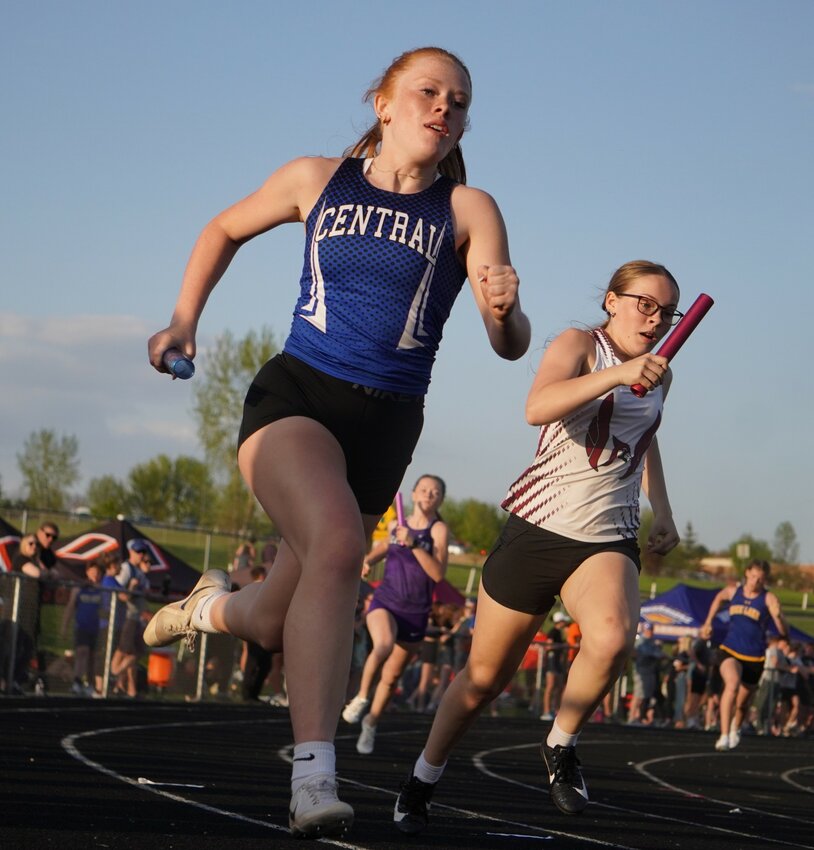 Prescott freshmen Amelia Haeg ran the third leg of the girls' 4x200-meter race. Prescott set five school records on Friday at the Stan Barr Relays in New Richmond.