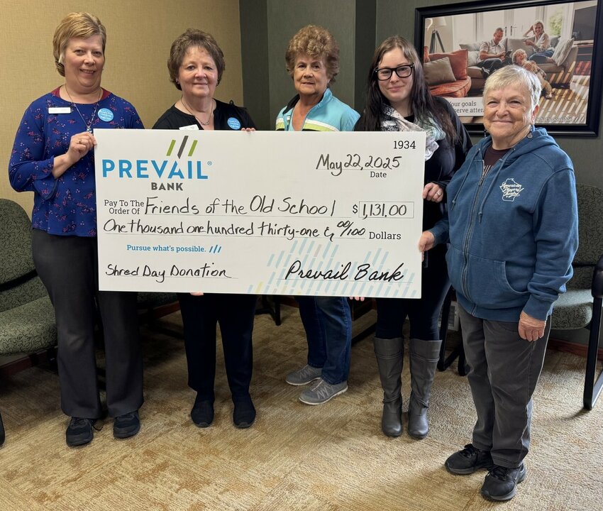 Pictured at the check presentation are Sue Struensee, Prevail Bank, Universal Banker; Linda Susa, Prevail Bank Branch Manger; Laurie Shilts, FOSI, Emily Wyss, Prevail Bank Relationship Banker, and Nancy Amacher, FOSI.