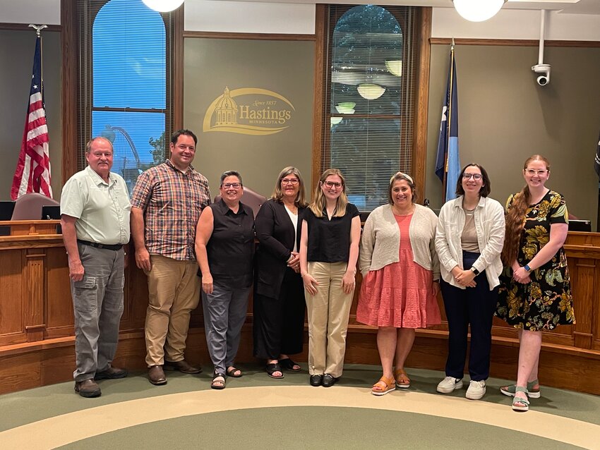 City Councilors pose with Community Development Intern Ameilia Thibault, one of three new interns with the city.