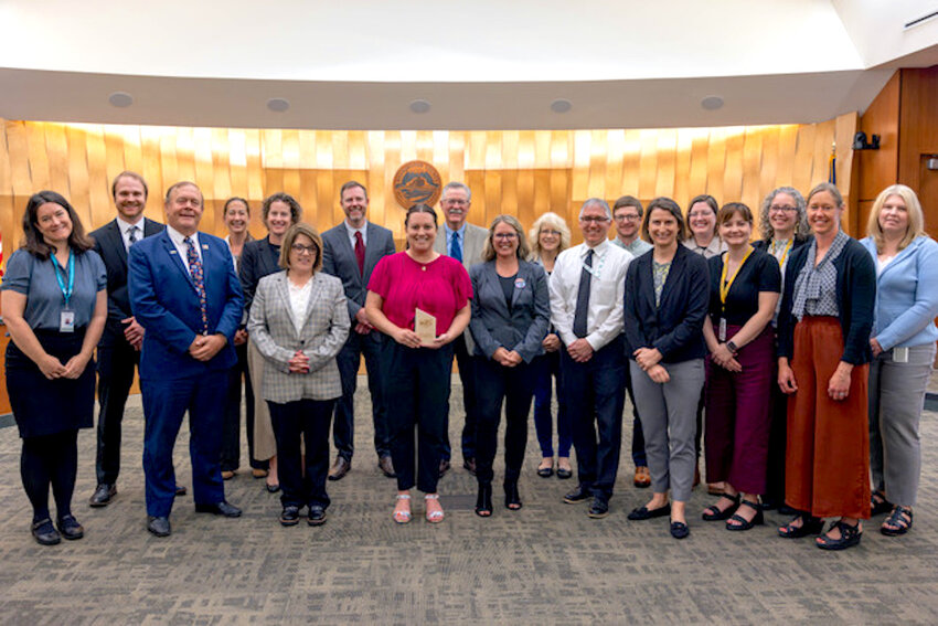 Staff from Washington County and Metro Transit, who worked on the METRO Gold Line Bus Rapid Transit project, were joined by the County Board of Commissioners in recognition of receiving a WTS Innovative Transportation Solutions Award for the project.