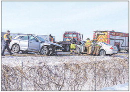 The Silver Ford Fusion on the left was driven by 95-year-old Cottage Grove Resident Julia Ann Bild and the Silver Audi Q5 was driven by Charles Tentinger, age 66 of Prescott, Wis., along his wife, Carol, age 64 and another passenger, Tanya Mott, age 32 of Lakeville, MN as passengers. Bild and Mott died at the scene and the Tentingers were taken to Regions Hospital where they were both listed in stable condition Sunday night. Photo by Bruce Karnick