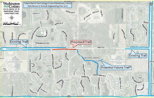 Northwest Cottage Grove is due to see a trail extension link as the ISD 833 School Board serving South Washington County, is due to approve a resolution of support at its Thursday meeting for Washington County to submit an application for funds in regard to said trail to the Minnesota Department of Transportation. Such funds are made available through the Safer Routes to School Act and were marked for such use by the Minnesota Legislature in 2019 and 2021.Image from meeting packet for ISD 833 school board meeting of January 20.