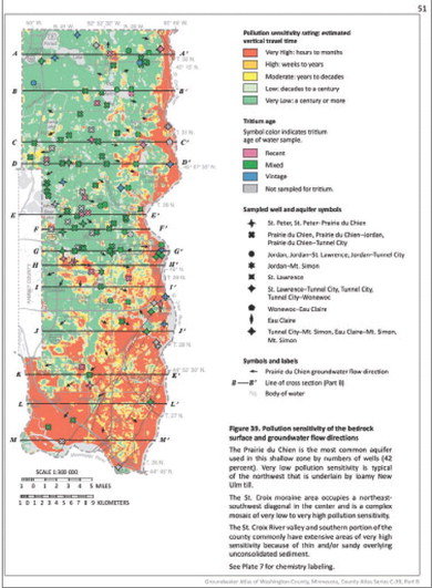 Low soil cover has consequences, as shown in this example from the DNR groundwater atlas for Washington County. With water age measured by a molecule called tritium, the rate of infiltration for pollution is just hours to months in South Washington County and along the St. Croix riverbank. Image from 2019 DDNR Groundwater Atlas for Washington County.