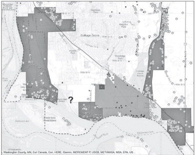 The larger picture of pollution in and around Cottage Grove per the online Minnesota Pollution Control’s interactive map shows incomplete data for the Mississippi riverfront area. Two observation wells exist at Grey Cloud Dunes SNA for water level, but without chemical data. Question mark added for lack of data as such. Screenshot taken from online interactive map, with question mark a later addition by paper staff, also via PowerPoint.